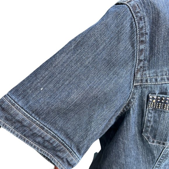 Chico's Denim Jeans Jacket Beading Dark Wash Button Front Short Sleeve Blue 2 - Picture 8 of 11